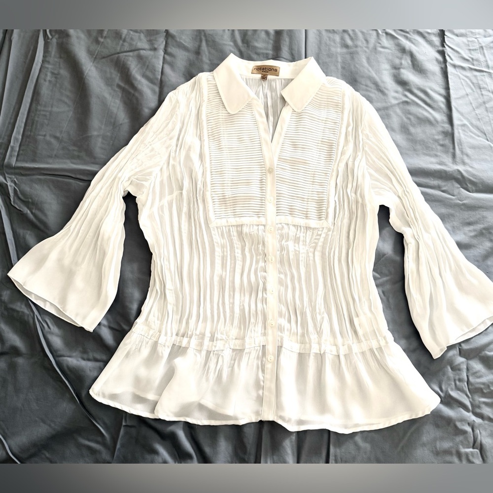 White Pleated Dress blouse with satin trim size 2X